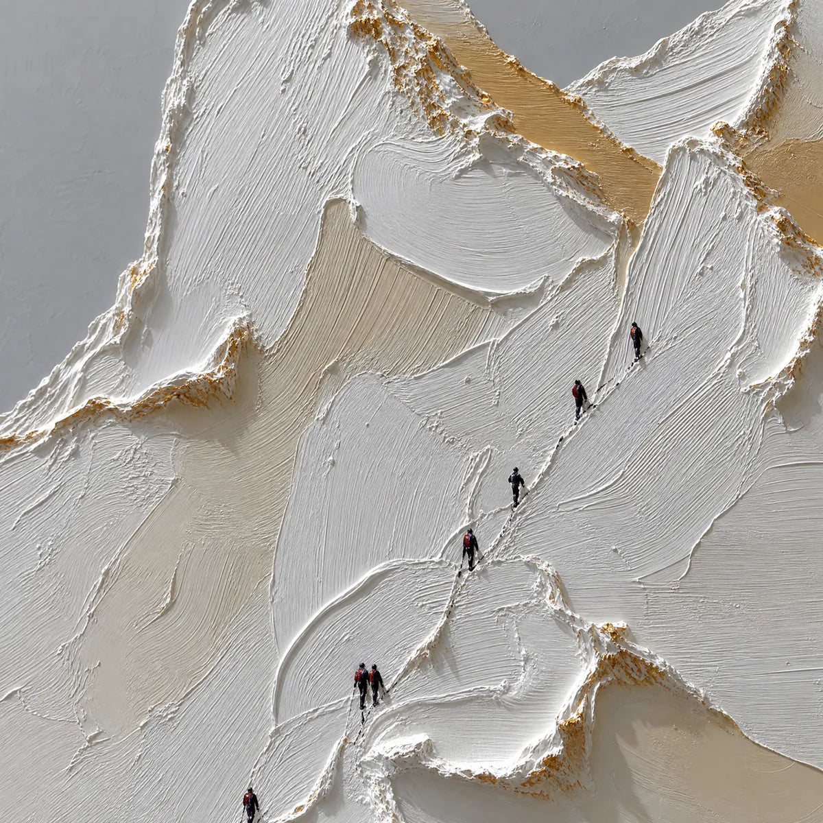 Apex hand-painted white, beige and gold textured mountain climbing painting shown with gold frame