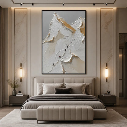 Apex hand-painted white, beige and gold textured mountain climbing painting shown with silver frame