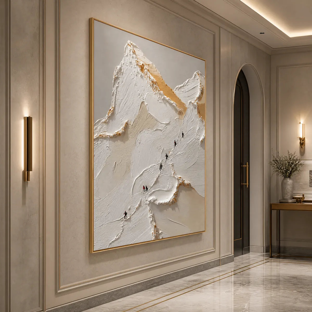 Apex hand-painted white, beige and gold textured mountain climbing painting shown with white frame