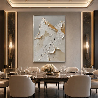 Apex hand-painted white, beige and gold textured mountain climbing painting shown with black frame