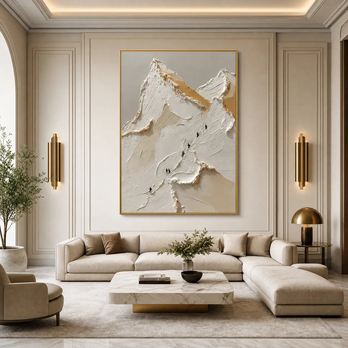 Apex hand-painted white, beige and gold textured mountain climbing painting shown with wood frame
