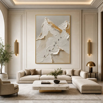 Apex hand-painted white, beige and gold textured mountain climbing painting shown with wood frame