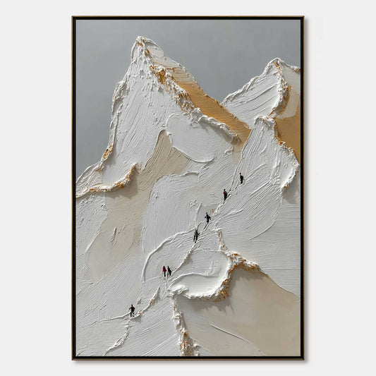 Apex hand-painted white, beige and gold textured mountain climbing painting rolled canvas option