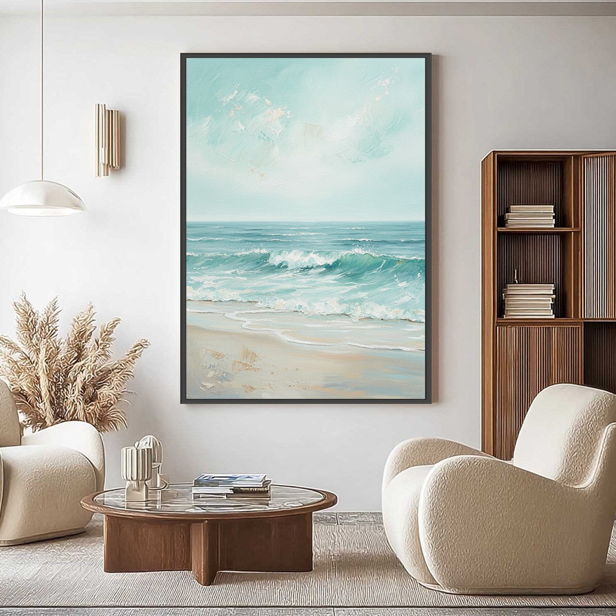 Aqua Horizon hand-painted sand and aqua blue textured seascape painting shown with silver frame