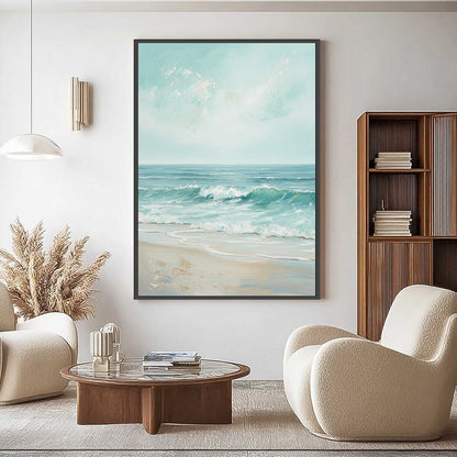 Aqua Horizon hand-painted sand and aqua blue textured seascape painting shown with silver frame