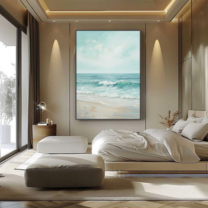 Aqua Horizon hand-painted sand and aqua blue textured seascape painting shown with black frame
