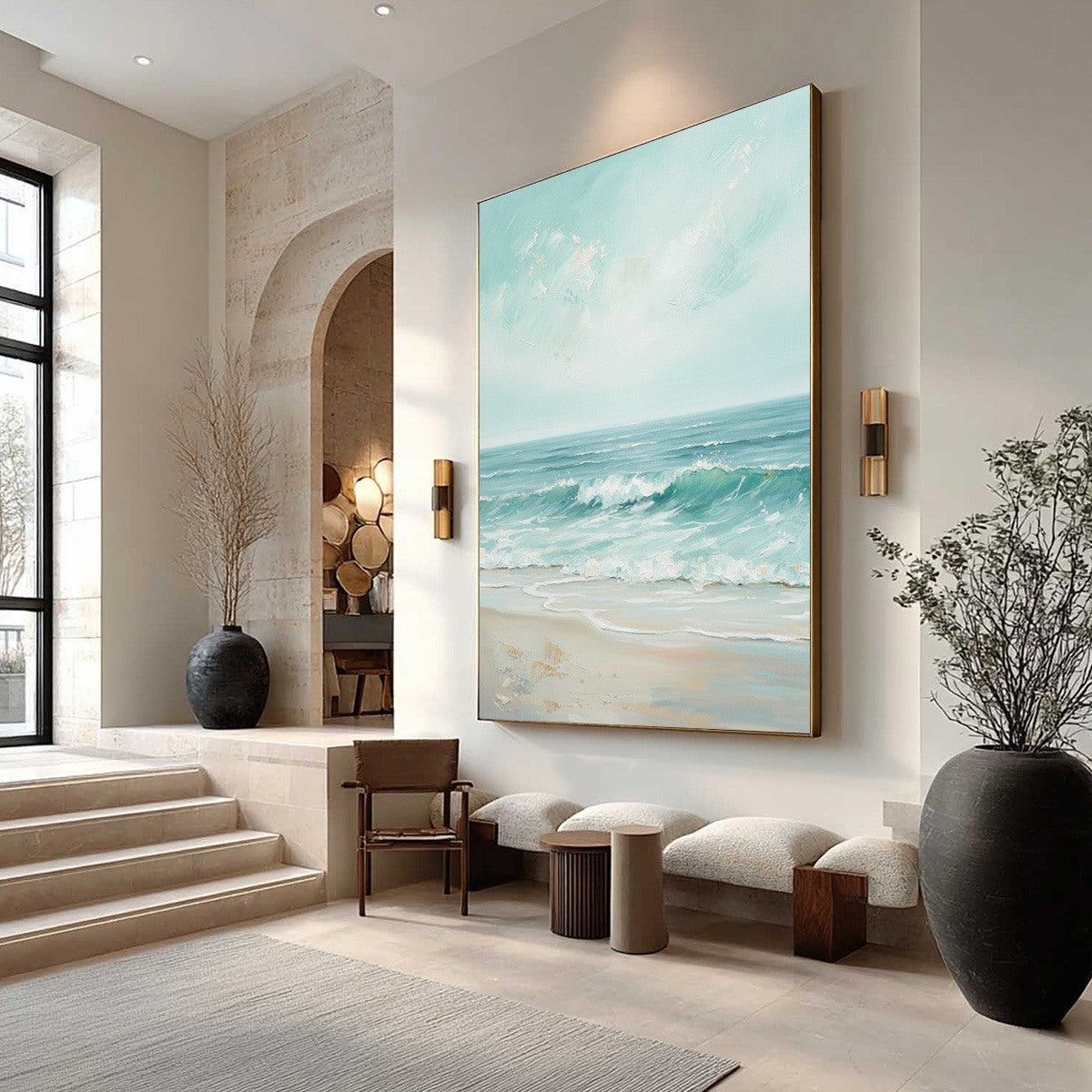 Aqua Horizon hand-painted sand and aqua blue textured seascape painting shown with wood frame
