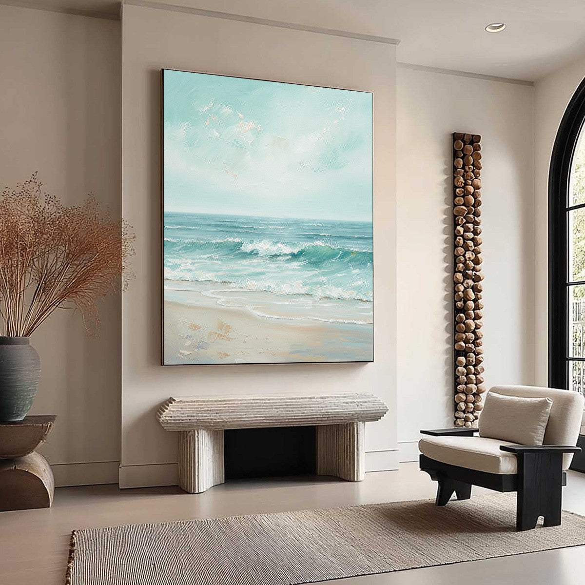 Aqua Horizon hand-painted sand and aqua blue textured seascape painting rolled canvas option