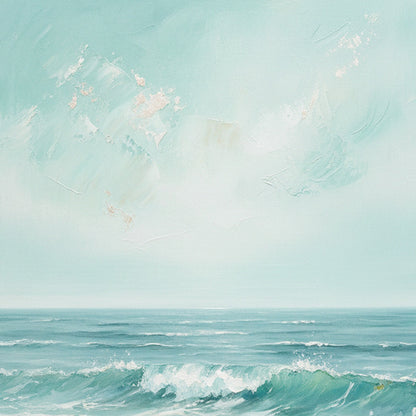 Aqua Horizon hand-painted sand and aqua blue textured seascape painting shown with white frame