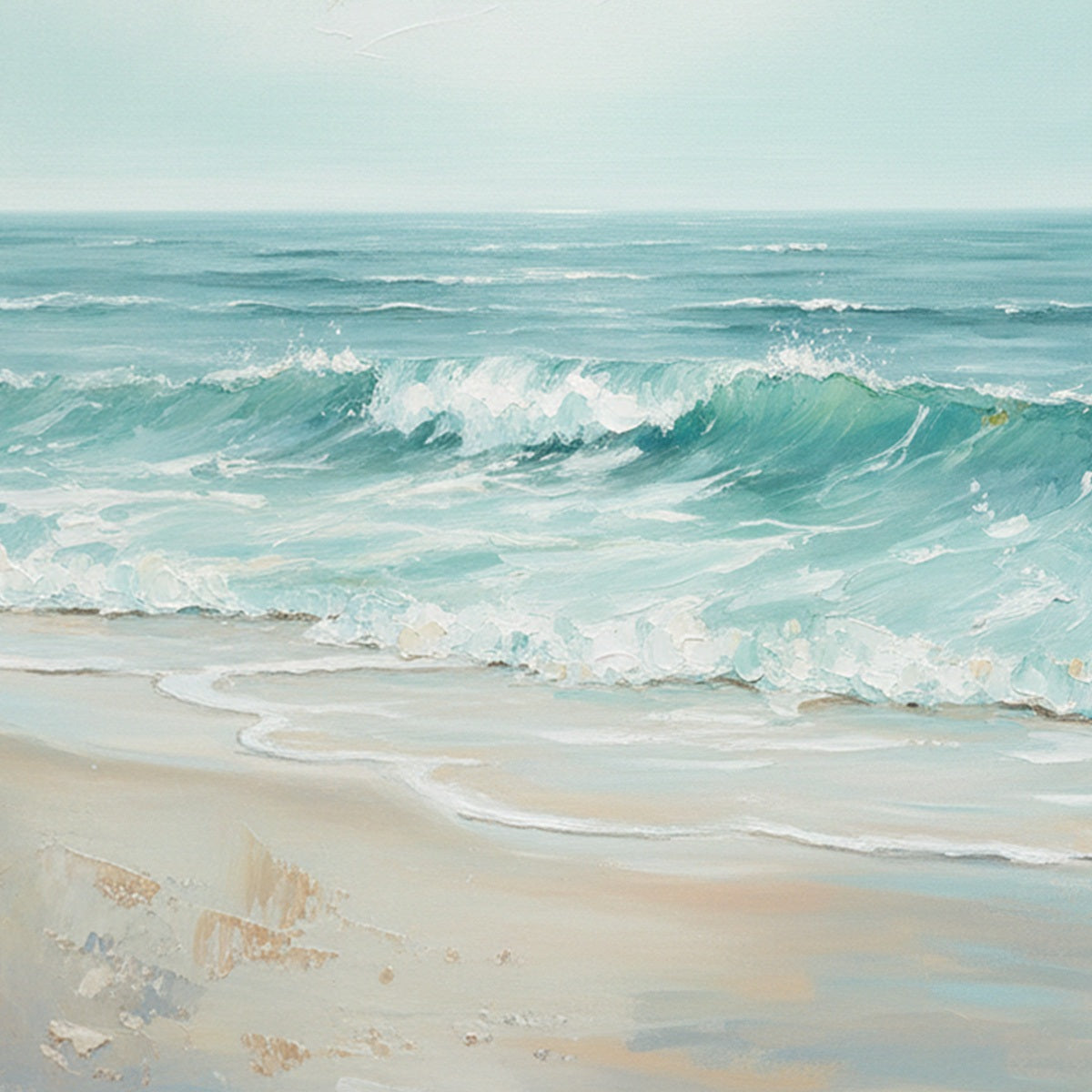 Aqua Horizon hand-painted sand and aqua blue textured seascape painting shown with gold frame