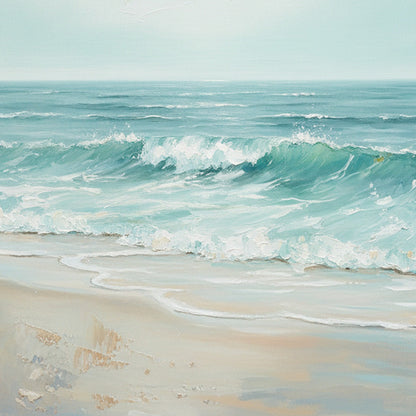 Aqua Horizon hand-painted sand and aqua blue textured seascape painting shown with gold frame