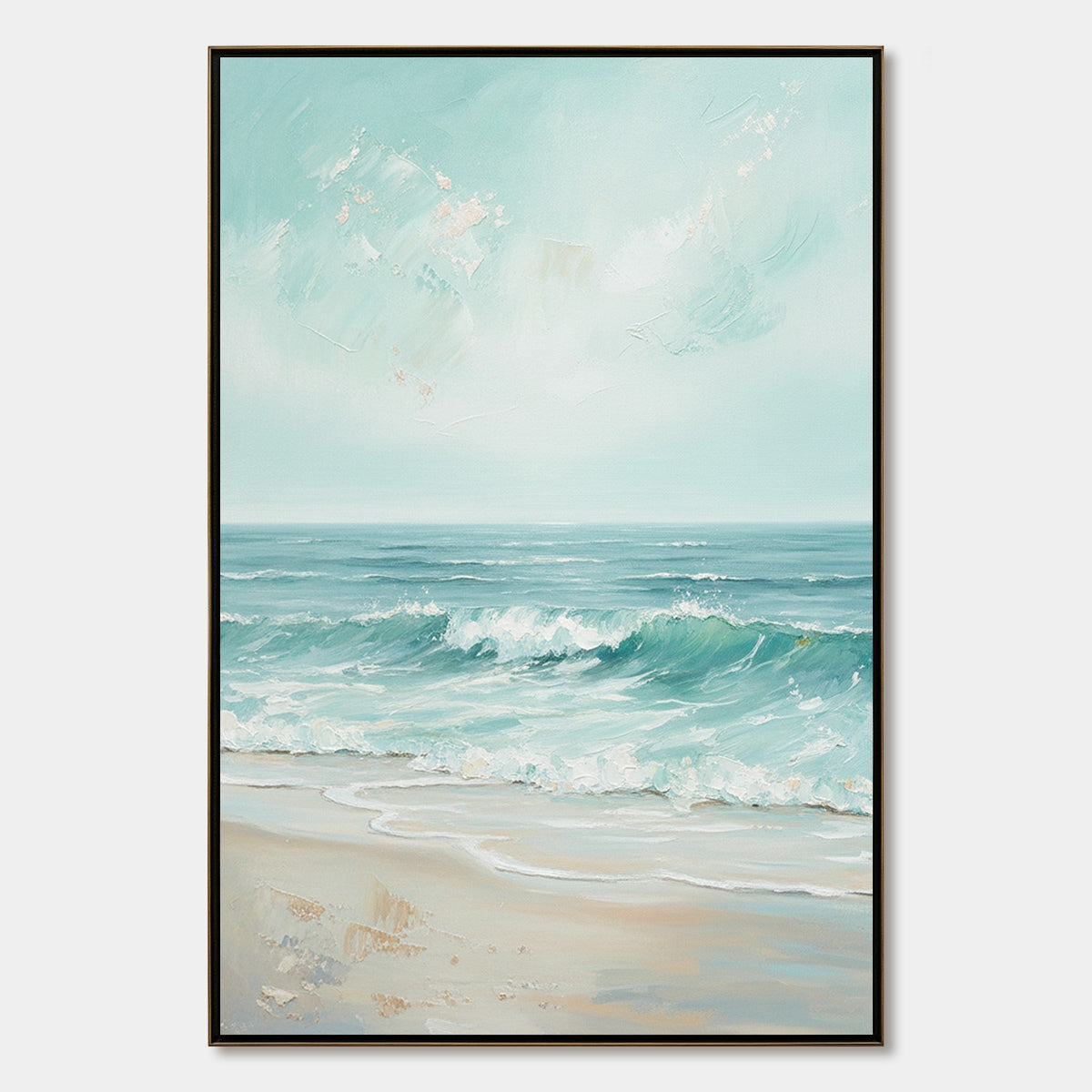 Aqua Horizon hand-painted sand and aqua blue textured seascape painting rolled canvas option