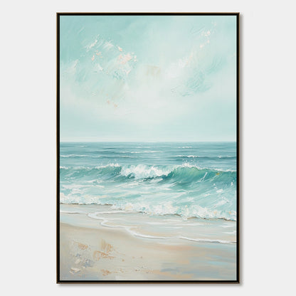 Aqua Horizon hand-painted sand and aqua blue textured seascape painting rolled canvas option