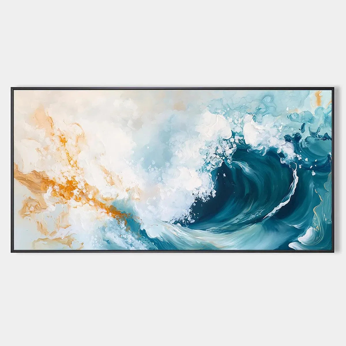 Aquamarine Crest hand-painted ocean blue, ivory and soft neutral tones textured ocean wave painting rolled canvas option