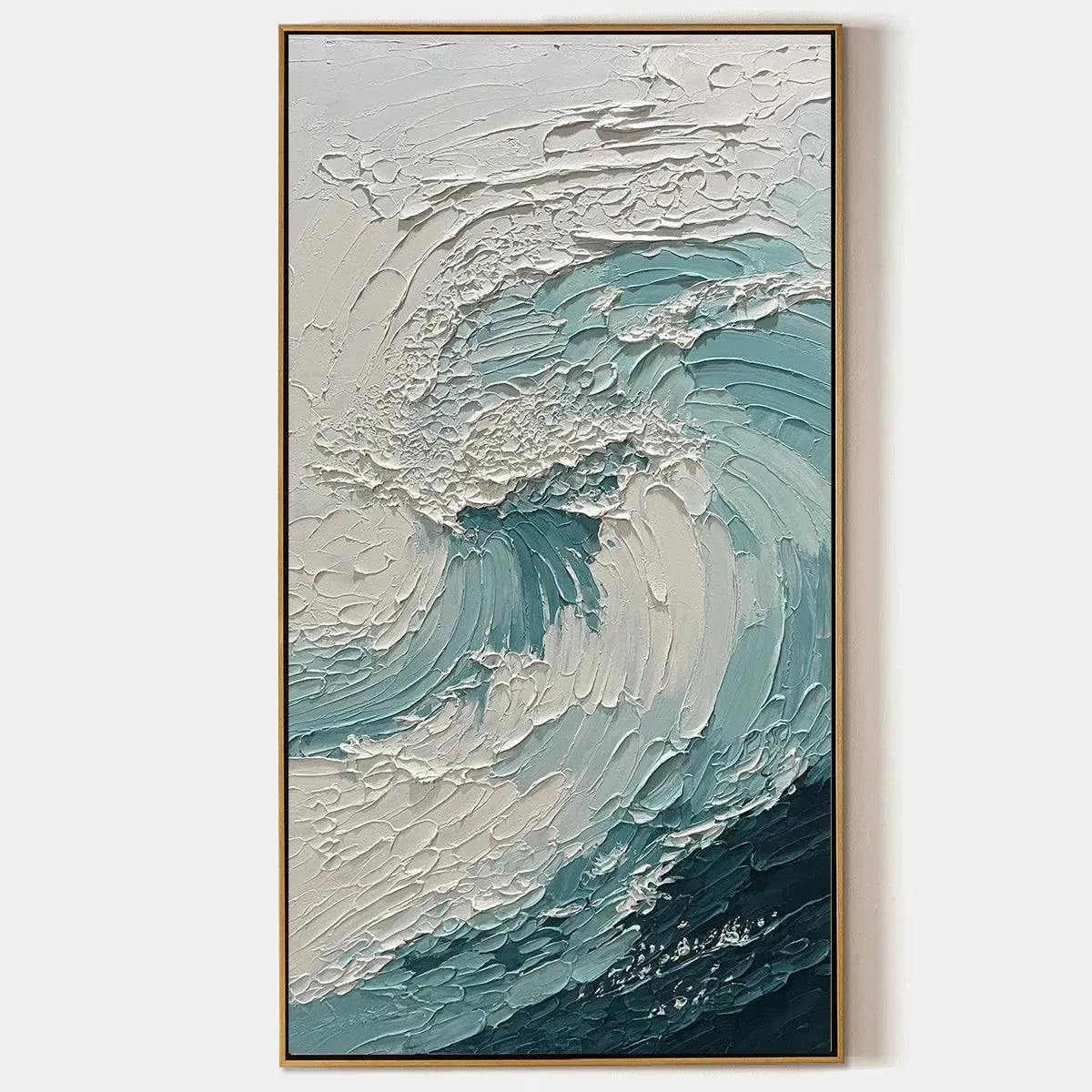 Aquamarine Crest hand-painted white and soft beige textured ocean wave painting rolled canvas option