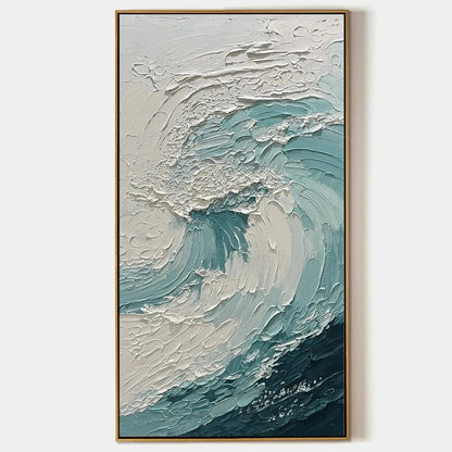 Aquamarine Crest hand-painted white and soft beige textured ocean wave painting rolled canvas option