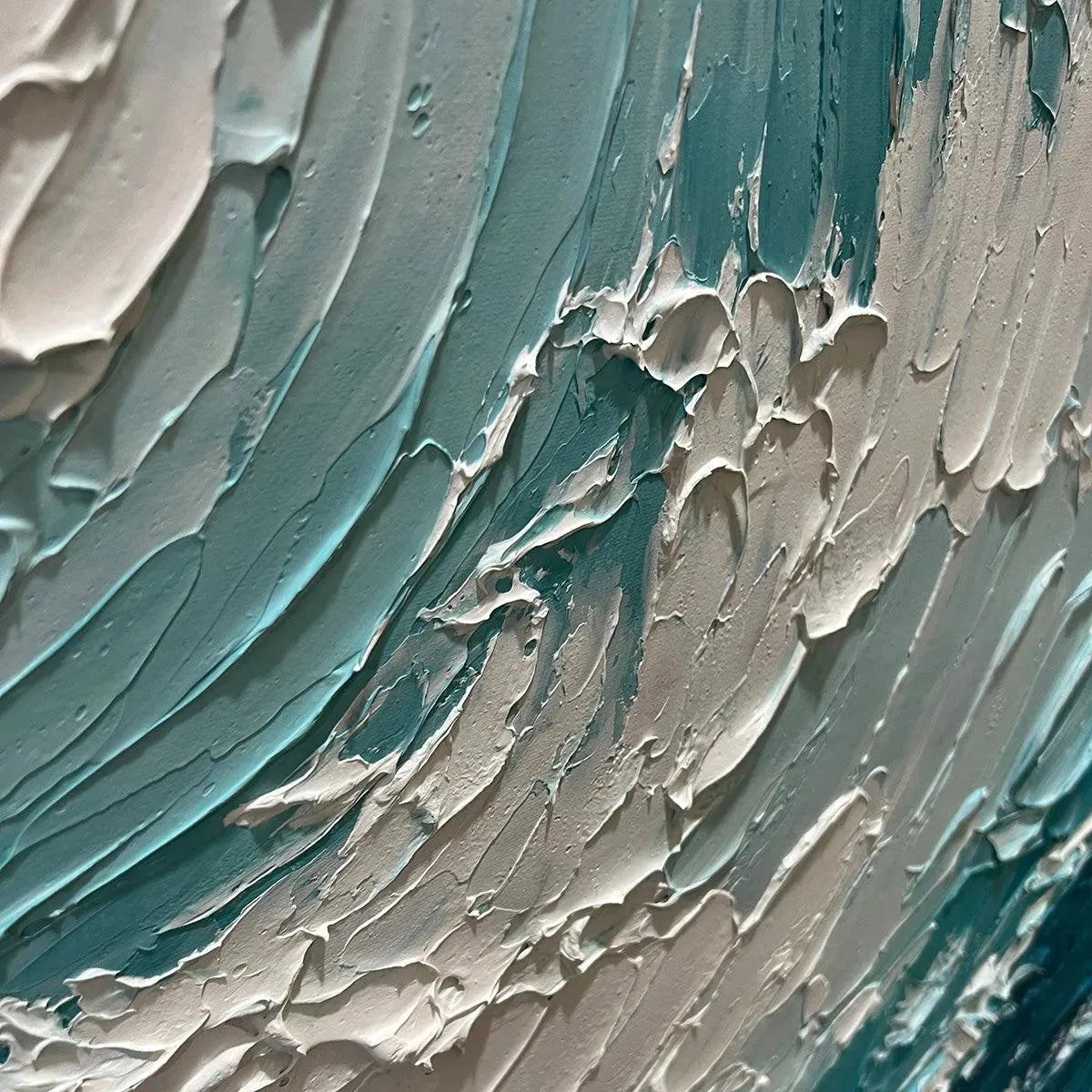 Aquamarine Crest hand-painted white and soft beige textured ocean wave painting shown with silver frame