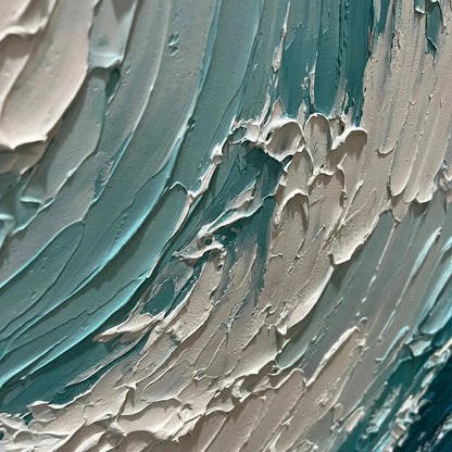 Aquamarine Crest hand-painted white and soft beige textured ocean wave painting shown with silver frame