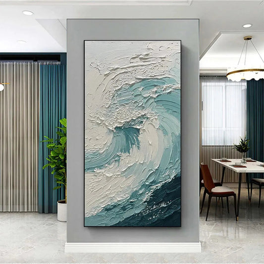 Aquamarine Crest hand-painted white and soft beige textured ocean wave painting shown as stretched canvas