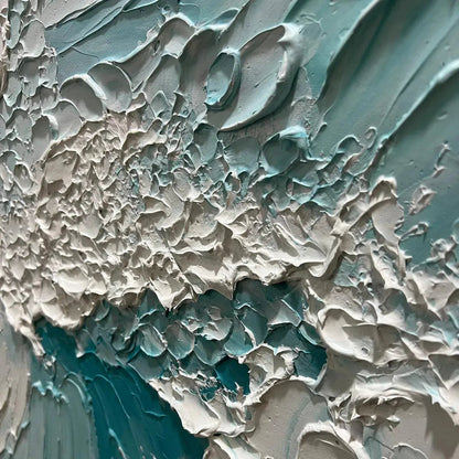 Aquamarine Crest hand-painted white and soft beige textured ocean wave painting shown with white frame