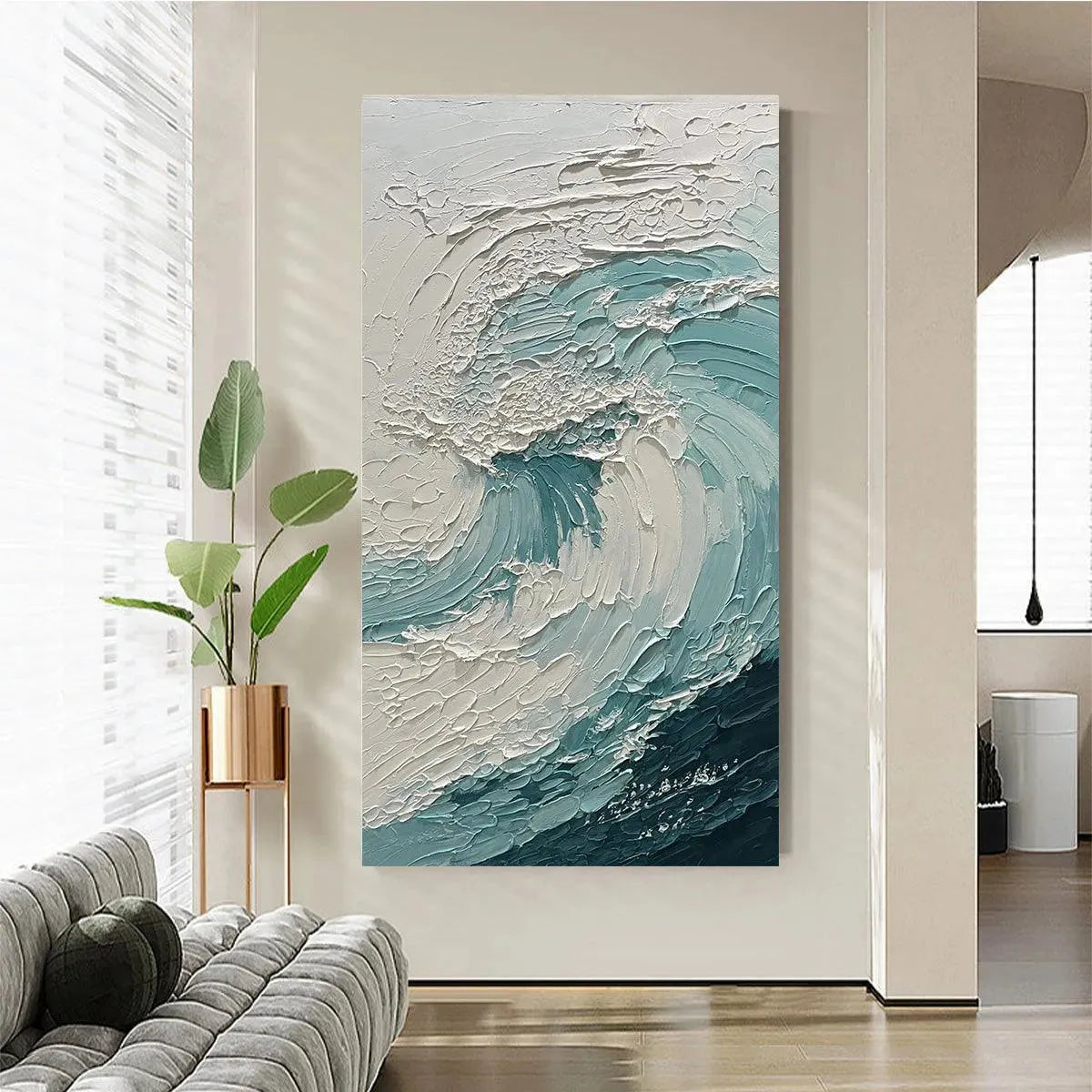 Aquamarine Crest hand-painted white and soft beige textured ocean wave painting shown with black frame