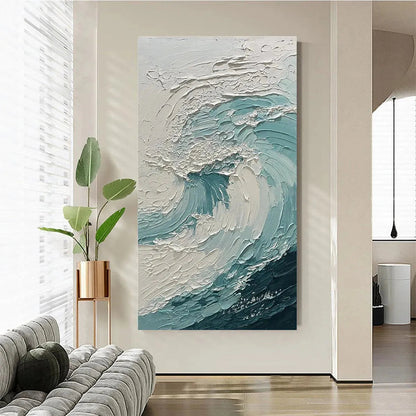Aquamarine Crest hand-painted white and soft beige textured ocean wave painting shown with black frame