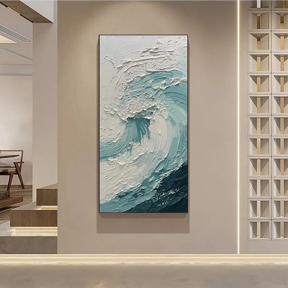Aquamarine Crest hand-painted white and soft beige textured ocean wave painting shown with wood frame