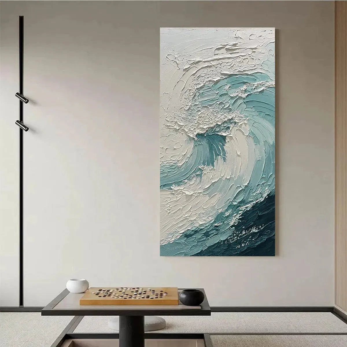 Aquamarine Crest hand-painted white and soft beige textured ocean wave painting shown as stretched canvas