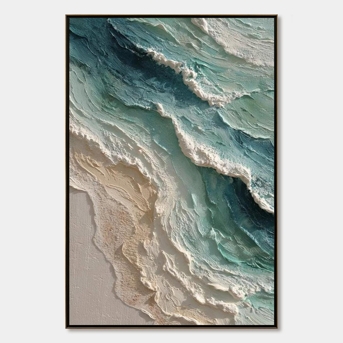 Aquamarine Rush hand-painted teal and ivory textured ocean wave painting rolled canvas option