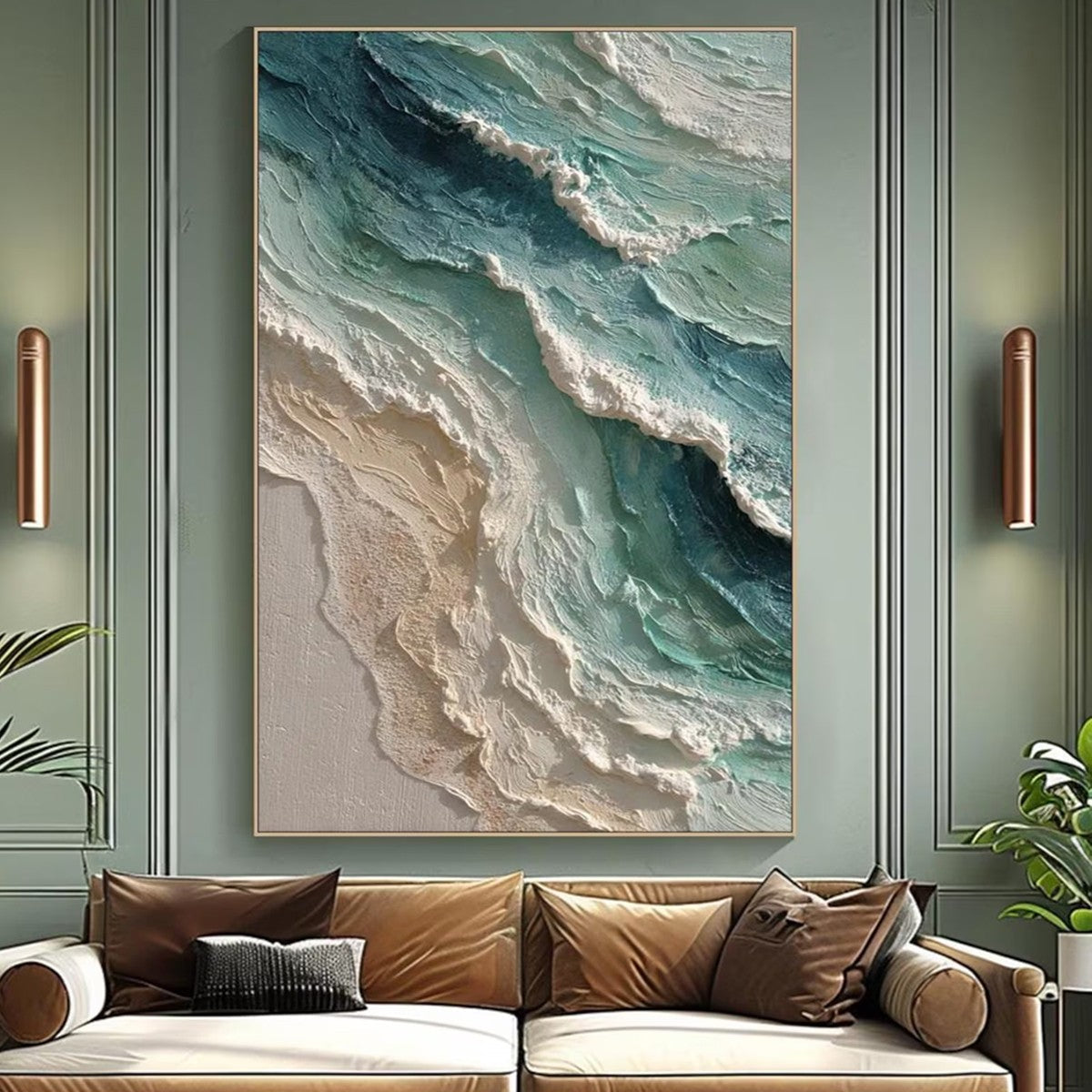 Aquamarine Rush hand-painted teal and ivory textured ocean wave painting shown as stretched canvas