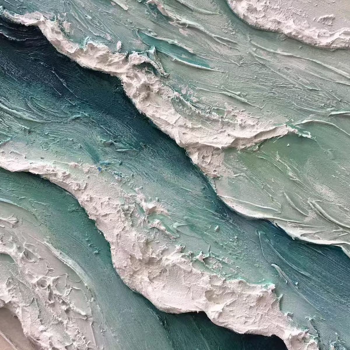 Aquamarine Rush hand-painted teal and ivory textured ocean wave painting shown with silver frame