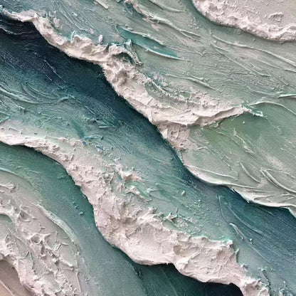 Aquamarine Rush hand-painted teal and ivory textured ocean wave painting shown with silver frame