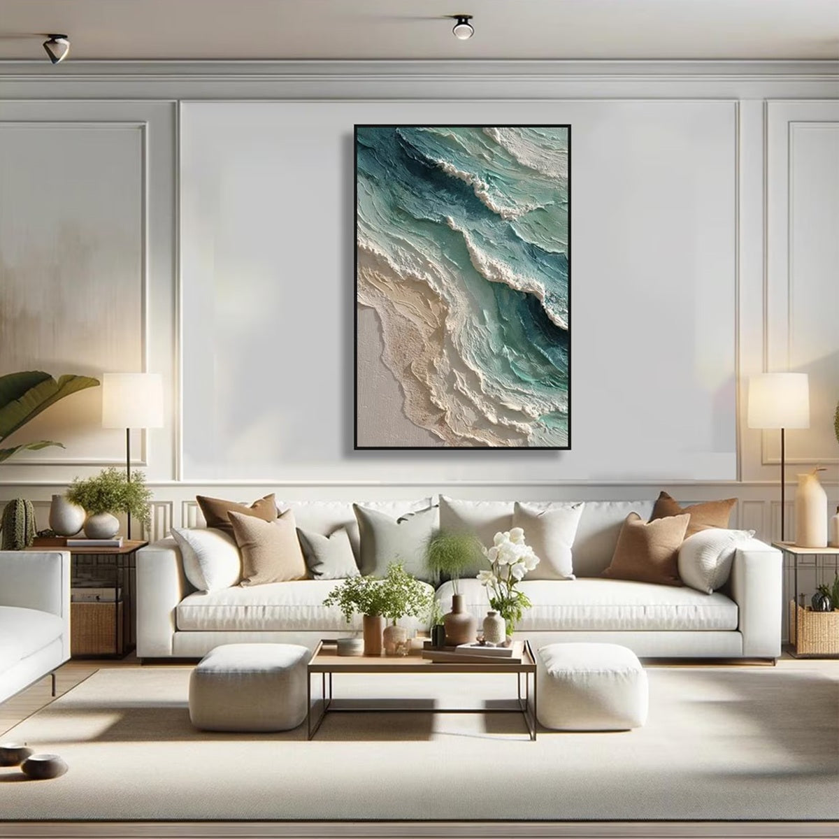 Aquamarine Rush hand-painted teal and ivory textured ocean wave painting shown with white frame