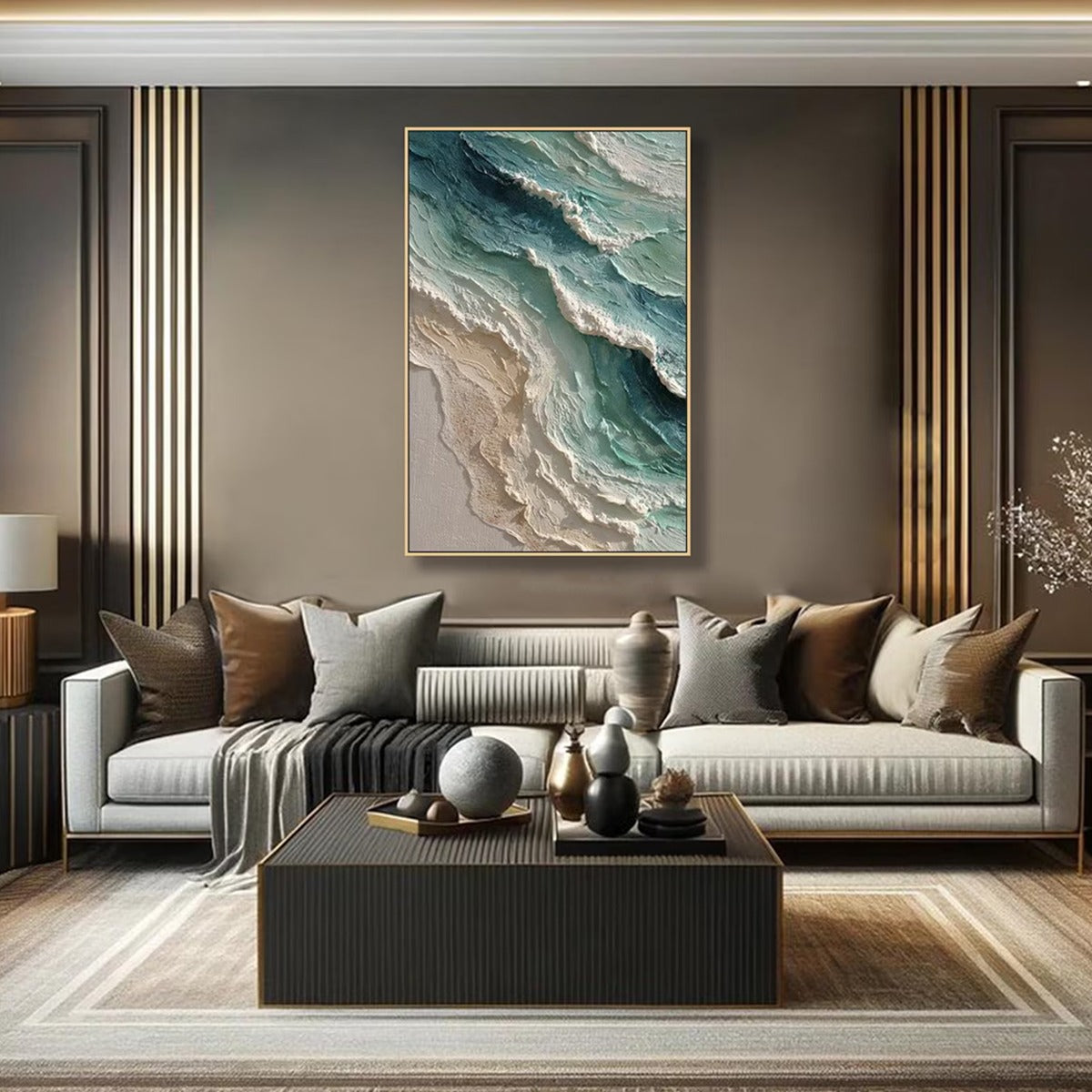 Aquamarine Rush hand-painted teal and ivory textured ocean wave painting shown with black frame
