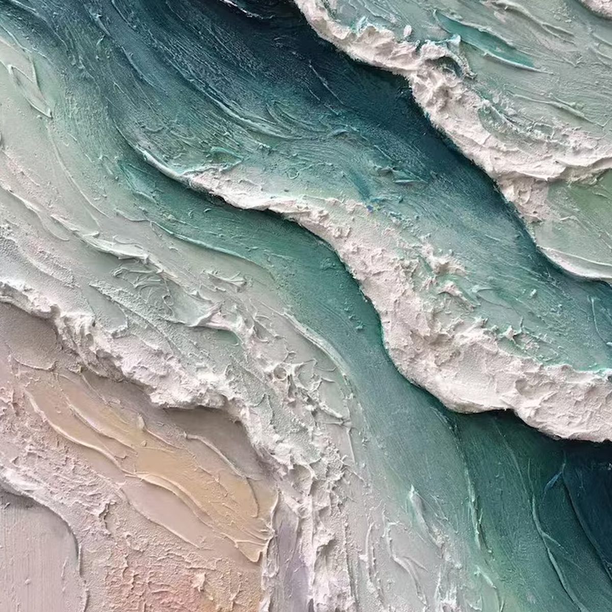 Aquamarine Rush hand-painted teal and ivory textured ocean wave painting shown with wood frame