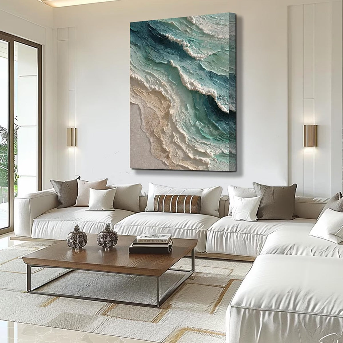 Aquamarine Rush hand-painted teal and ivory textured ocean wave painting shown as stretched canvas