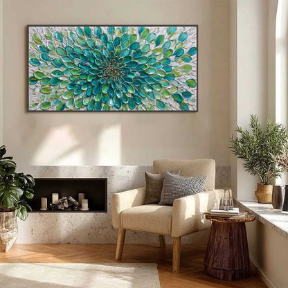 Teal and Green Floral Impasto Oil Painting – Aqua Bloom