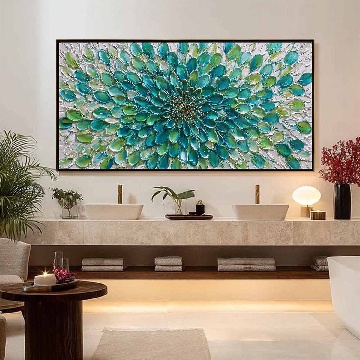 Teal and Green Floral Impasto Oil Painting – Aqua Bloom