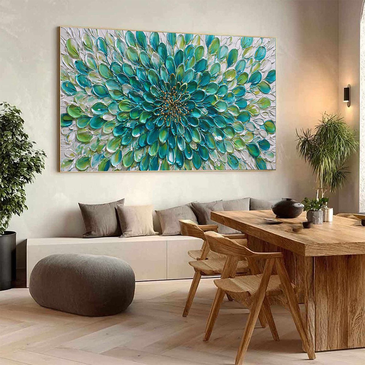 Teal and Green Floral Impasto Oil Painting – Aqua Bloom