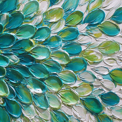 Teal and Green Floral Impasto Oil Painting – Aqua Bloom