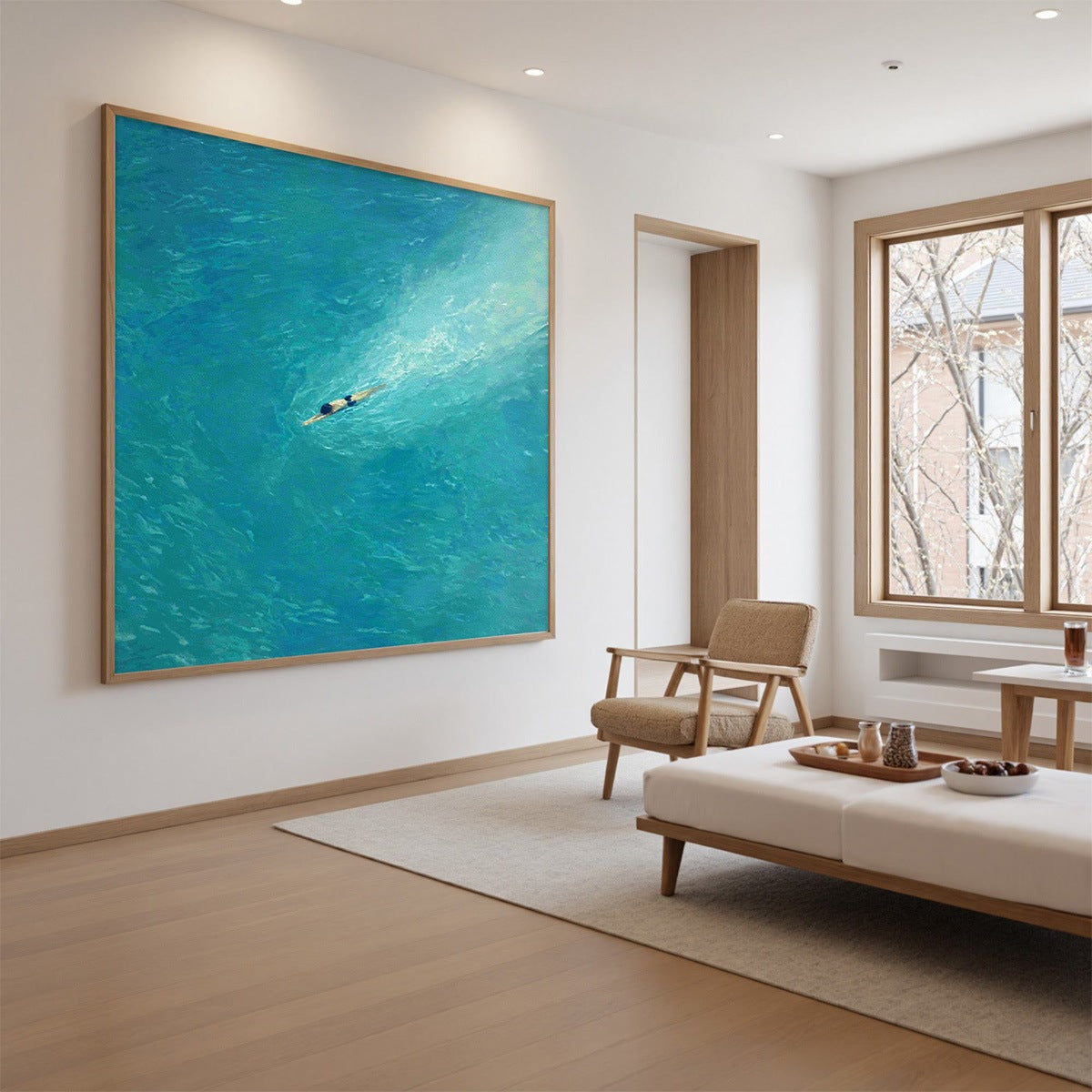 Aqua Solitude hand-painted turquoise and aqua blue textured coastal abstract painting shown with white frame