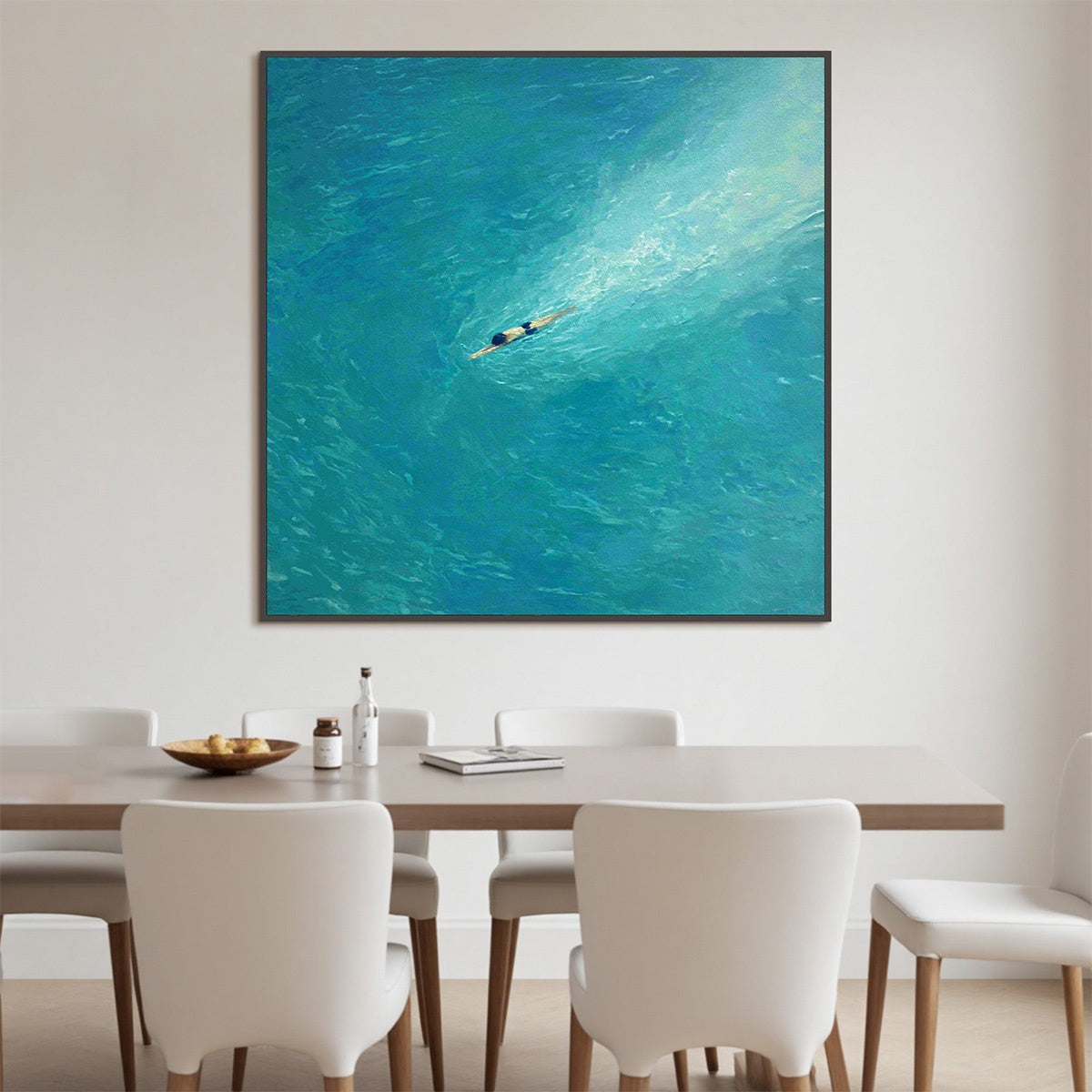 Aqua Solitude hand-painted turquoise and aqua blue textured coastal abstract painting shown with black frame