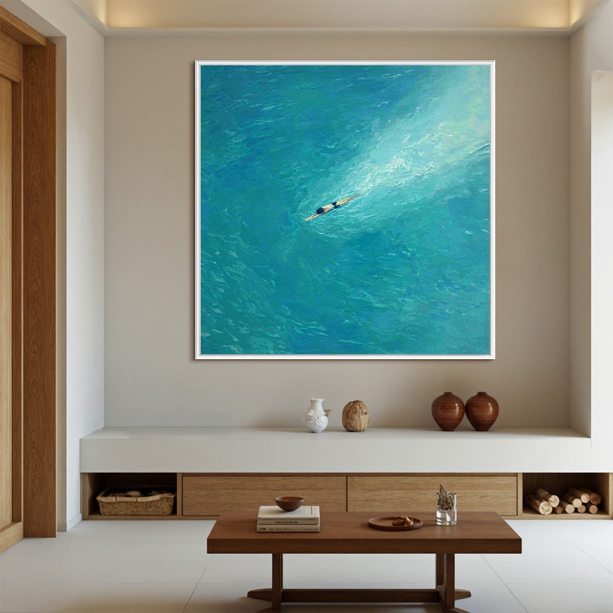 Aqua Solitude hand-painted turquoise and aqua blue textured coastal abstract painting shown as stretched canvas