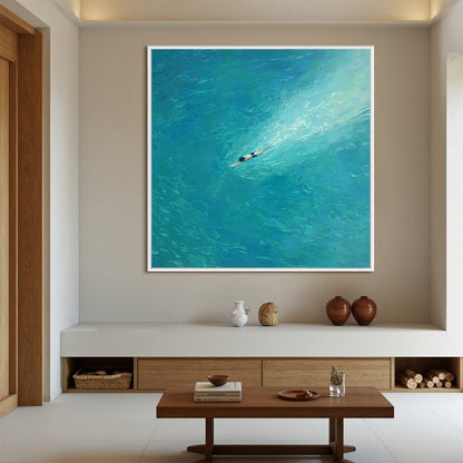 Aqua Solitude hand-painted turquoise and aqua blue textured coastal abstract painting shown as stretched canvas
