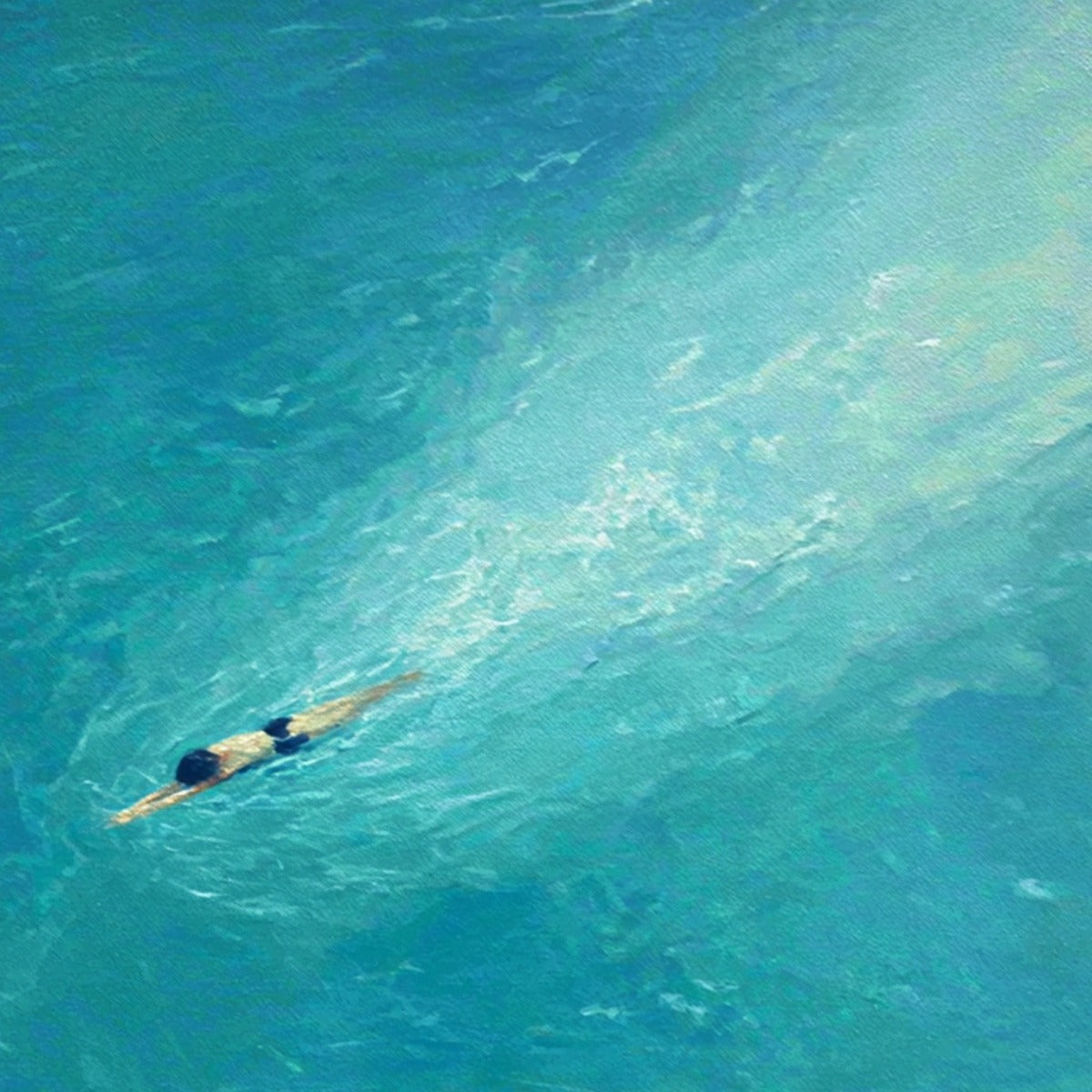 Aqua Solitude hand-painted turquoise and aqua blue textured coastal abstract painting shown with wood frame