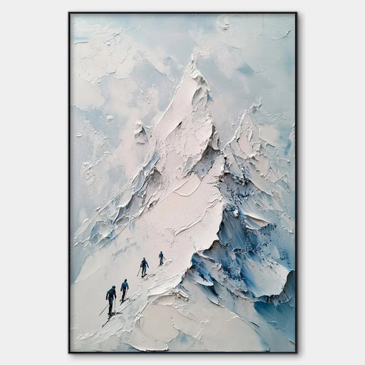 Ascent hand-painted white, soft grey and slate blue textured mountain landscape painting rolled canvas option