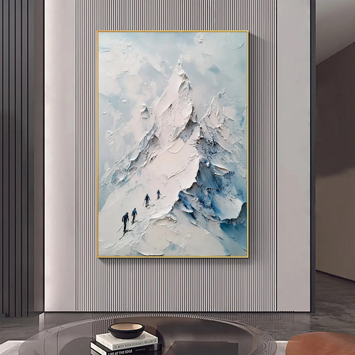 Ascent hand-painted white, soft grey and slate blue textured mountain landscape painting shown as stretched canvas