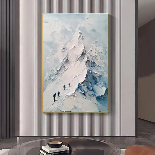 Ascent hand-painted white, soft grey and slate blue textured mountain landscape painting shown as stretched canvas