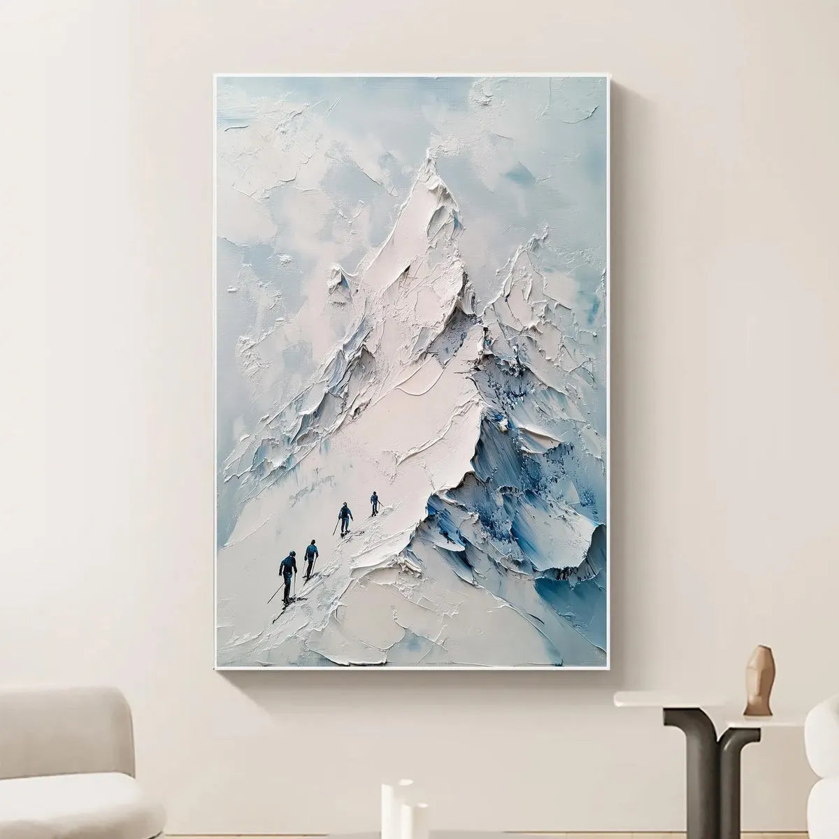 Ascent hand-painted white, soft grey and slate blue textured mountain landscape painting shown with white frame