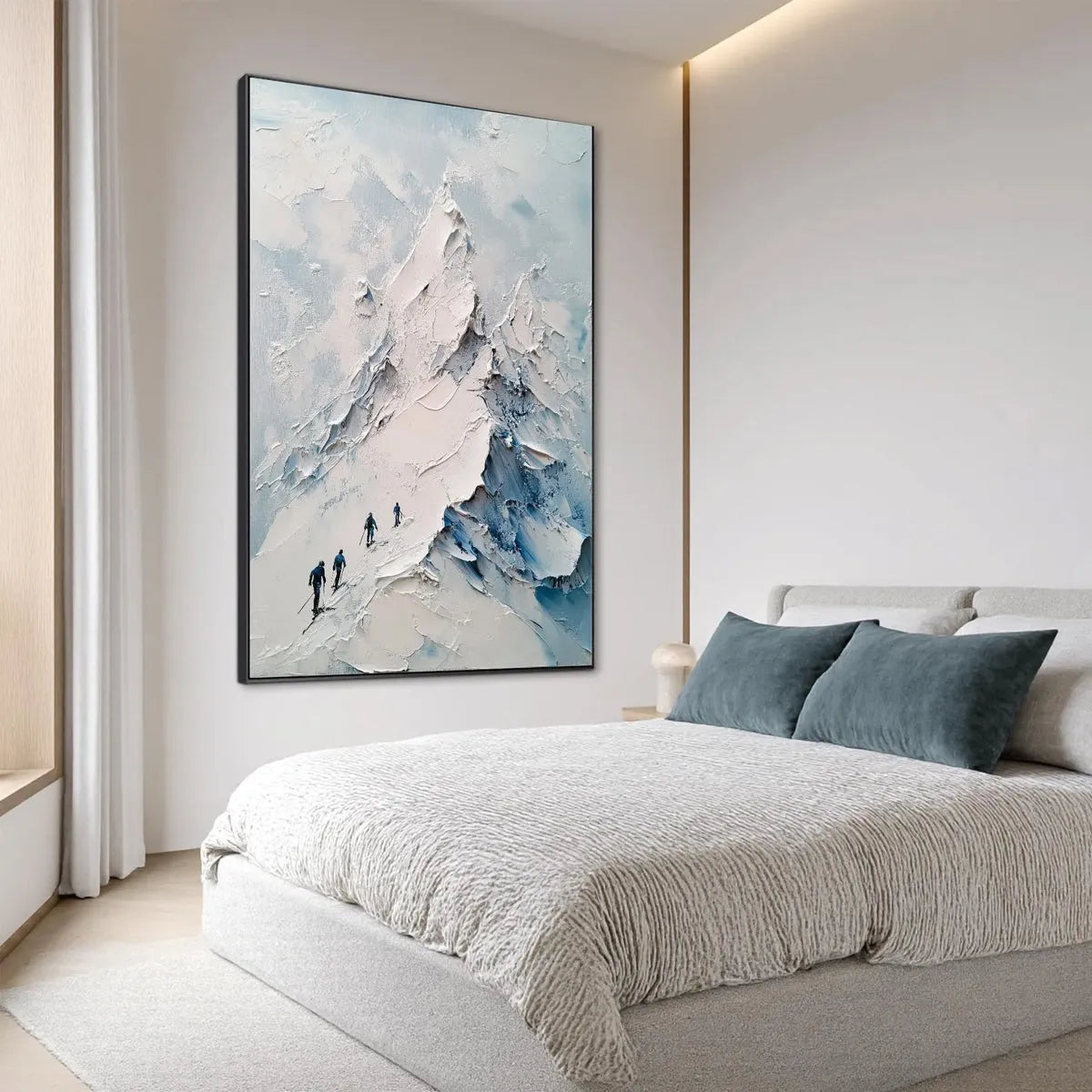 Ascent hand-painted white, soft grey and slate blue textured mountain landscape painting shown with black frame